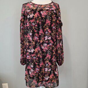 Black Floral Chiffon Midi Dress. Sz Large. Ruffle Boho Cottage Feminine Spring